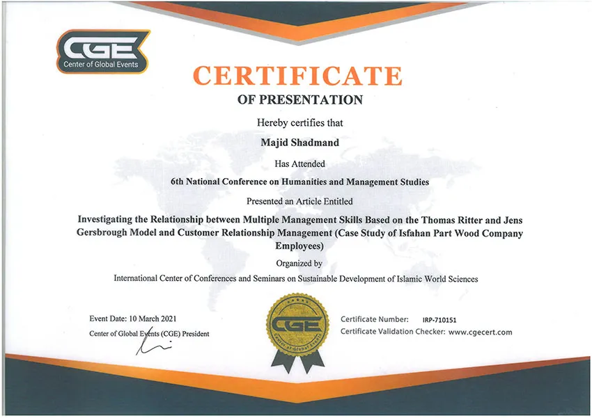 تاییدیه علمی مقاله مدیریت ارتباط با مشتری و افزایش بهره‌وری فروش - کنفرانس ملی علوم انسانی